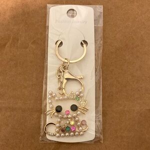 Sparkly Kitty Cat Rhinestone-Faux Pearl Keychain/Bag Charm